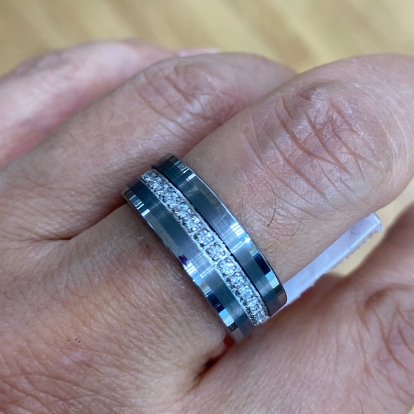 8MM PIPE CUT CZ ETERNITY TUNGSTEN WEDDING BAND - Picture 3 of 8